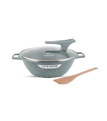 LIFE SMILE Wok Pan with Glass Lid - Induction Bottom Safe Frying Pan Double Handle with Durable Non-Stick Granite Coating - Oven Safe Fry Pan With Wooden Turner (28 CM (4.4 Liters), Cyan)