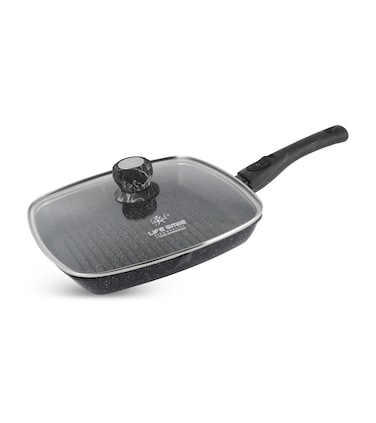 LIFE SMILE grill pan Non-stick Granite Coating with lid   Oven Safe   versatile grilling pan with drop opening, Skillet large surface,100% PFOA free (Black Bakelite Knob, 28 CM Detachable Handle)