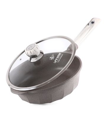 LIFE SMILE Deep Frying Pan With Lid - Multi Layer Granite Coating Non Stick Saute Pan   Stay Cool Handle With Hanging Loop   Oven Safe (Grey, 28 CM(4.2 Liter,Induction))