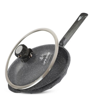 LIFE SMILE Frying Pan With Lid - 5 Layer Granite Coating Fry Pan   Multiple Hob Compatibility   Heat-Resistant Handle Hanging Loop   Induction bottom (26 CM, Black)