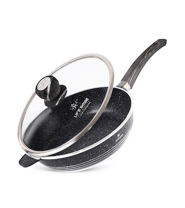 LIFE SMILE Deep Frying Pan With Lid - Multi Layer Granite Coating Non Stick Saute Pan   Stay Cool Handle With Hanging Loop   Oven Safe (Black, 24 CM(2.4 Liters))