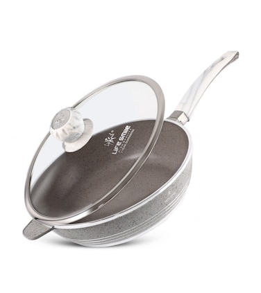 LIFE SMILE Deep Frying Pan With Lid - Multi Layer Granite Coating Non Stick Saute Pan   Stay Cool Handle With Hanging Loop   Oven Safe (Grey,Flame, 28 CM(3.6 Liters))