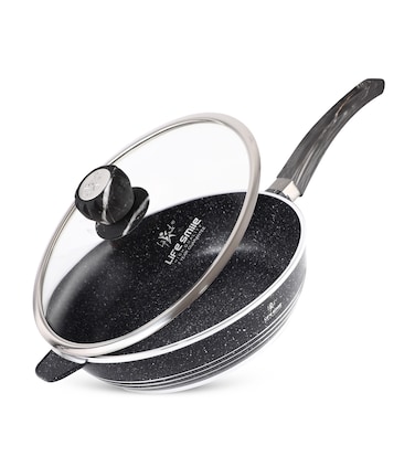LIFE SMILE Deep Frying Pan With Lid - Multi Layer Granite Coating Non Stick Saute Pan   Stay Cool Handle With Hanging Loop   Oven Safe (Black, 28 CM(3.6 Liters))