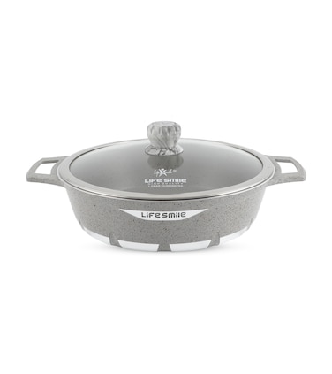 LIFE SMILE Shallow Pot with Lid   Multi Layer Non Stick Granite Coating 100% PFOA FREE   Oven Safe Frying Pan   Easy To Clean   Scratch Resistant (36 CM (7.8 Liters), Grey)