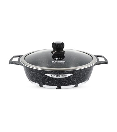 LIFE SMILE Shallow Pot with Lid   Multi Layer Non Stick Granite Coating 100% PFOA FREE   Oven Safe Frying Pan   Easy To Clean   Scratch Resistant (36 CM (7.8 Liters), Black)