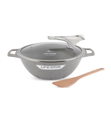 Wok Pan With Lid and 2 Handle Granite Coating - Die cast Aluminum Scratch Resistant Frying Pan , PFOA Free Induction Bottom Woks And Stir Fry Pans 32 CM