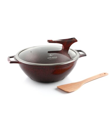 Wok Pan With Lid and 2 Handle Granite Coating - Die cast Aluminum Scratch Resistant Frying Pan , PFOA Free Induction Bottom Woks And Stir Fry Pans 32 CM