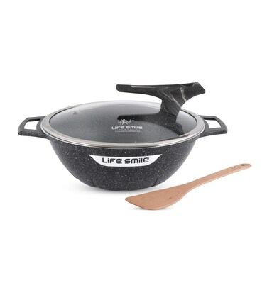 Wok Pan With Lid and 2 Handle Granite Coating - Die cast Aluminum Scratch Resistant Frying Pan , PFOA Free Induction Bottom Woks And Stir Fry Pans 32 CM