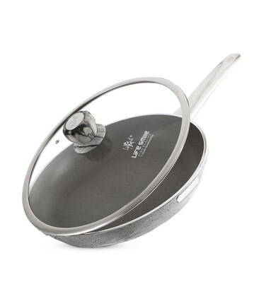 LIFE SMILE Frying Pan Big Size With Lid - Multi Layer Granite Coating Fry Pan   100% PFOA FREE   Heat-Resistant Handle Hanging Loop   Induction Base (Davy Grey, 28 CM (2.9 Liters))