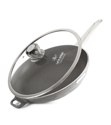 LIFE SMILE Frying Pan Big Size With Lid - Multi Layer Granite Coating Fry Pan   100% PFOA FREE   Heat-Resistant Handle Hanging Loop   Induction Base (Davy Grey, 32 CM (4 Liters))