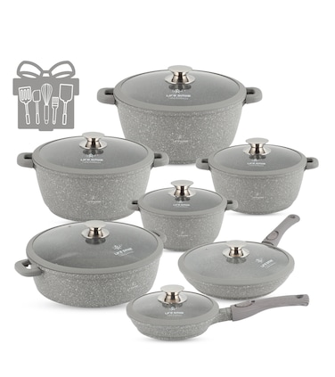 LIFE SMILE Cookware Set - 29 pieces Pots and Pans set Granite Non Stick Coating 100% PFOA FREE, Induction Base Cooking Set Oven Safe include Casseroles &amp; Shallow Pot &amp; Silicone Utensils (Gray)