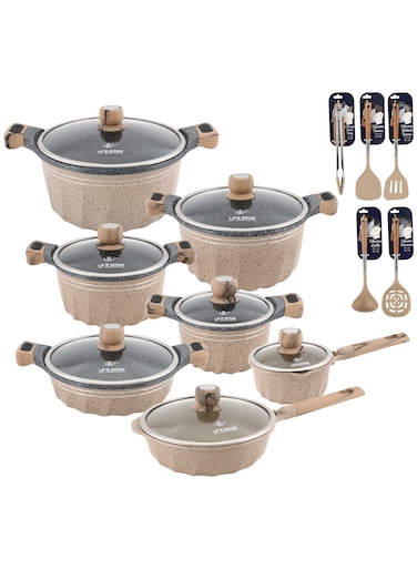 19-Piece Multi Layer Granite Coated Cookware Set - Set Includes 20/24/28/32cm Soup Pot, 28cm Shallow Pot, 28cm Fry Pan, 18cm Sauce pan and Kitchen tools