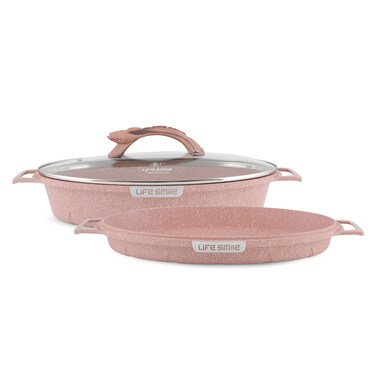 LIFE SMILE - Double Fish Frying Pan with Lid and Non-Stick Granite Coating