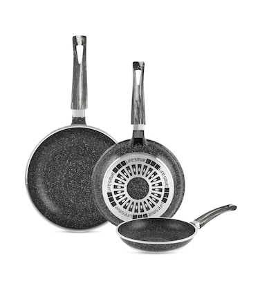LIFE SMILE Frying Pan Set - Multi Layer Granite Coating Fry Pan   Include 20 CM, 24 CM, 28 CM Non Stick Pan   Heat-Resistant Handle Hanging Loop (Black)