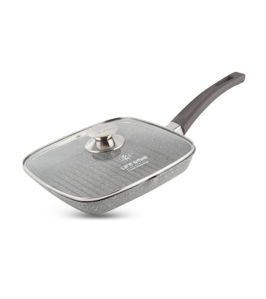 LIFE SMILE grill pan Non-stick Granite Coating with lid   Oven Safe   versatile grilling pan with drop opening, Skillet large surface,100% PFOA free (Davy Grey, 28 CM Fixed Handle)