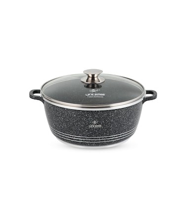 LIFE SMILE Cooking Pot   aluminum Soup Pot With Glass Lid   100% PFOA Free, Fixed Handle   Multi Layer Non-Stick Granite Coating   oven safe &amp; Dishwasher Safe (28CM (6.7 Liters), Black)