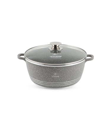 LIFE SMILE Cooking Pot   aluminum Soup Pot With Glass Lid   100% PFOA Free, Fixed Handle   Multi Layer Non-Stick Granite Coating   oven safe &amp; Dishwasher Safe (28CM (6.7 Liters), Gray)