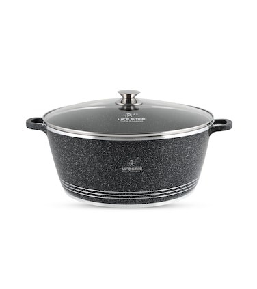 LIFE SMILE Cooking Pot   aluminum Soup Pot With Glass Lid   100% PFOA Free, Fixed Handle   Multi Layer Non-Stick Granite Coating   oven safe &amp; Dishwasher Safe (36CM (13 Liters), Black)