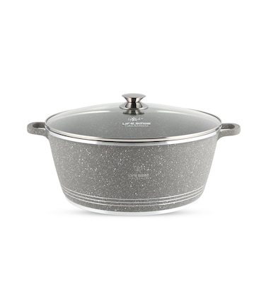 LIFE SMILE Cooking Pot   aluminum Soup Pot With Glass Lid   100% PFOA Free, Fixed Handle   Multi Layer Non-Stick Granite Coating   oven safe &amp; Dishwasher Safe (36CM (13 Liters), Gray)