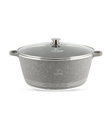LIFE SMILE Cooking Pot   aluminum Soup Pot With Glass Lid   100% PFOA Free, Fixed Handle   Multi Layer Non-Stick Granite Coating   oven safe &amp; Dishwasher Safe (40CM (18 Liters), Gray)