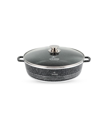 LIFE SMILE Shallow Pot with Lid   Non Stick PFOA FREE Granite Coating Frying Pan   Oven Safe   Dishwasher Safe   Double Handle (28 CM (3.9 Liters), Black)