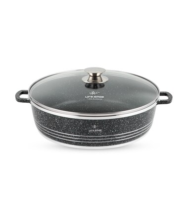 LIFE SMILE Shallow Pot with Lid   Non Stick PFOA FREE Granite Coating Frying Pan   Oven Safe   Dishwasher Safe   Double Handle (40 CM (9.6 Liters), Black)