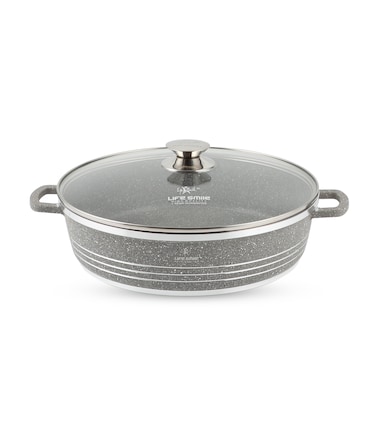 LIFE SMILE Shallow Pot with Lid   Non Stick PFOA FREE Granite Coating Frying Pan   Oven Safe   Dishwasher Safe   Double Handle (40 CM (9.6 Liters), Grey)
