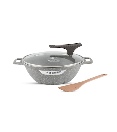 LIFE SMILE Wok Pan with Glass Lid - Induction Bottom Safe Frying Pan Double Handle with Durable Non-Stick Granite Coating - Oven Safe Fry Pan With Wooden Turner (28 CM (4.4 Liters), Gray)