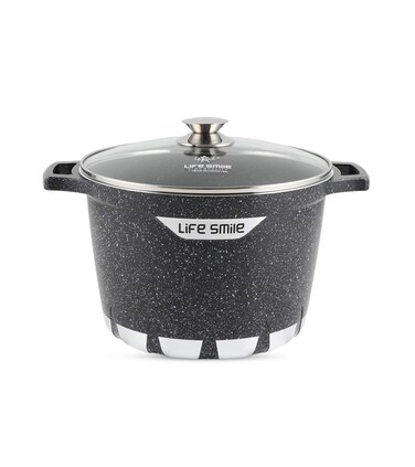 LIFE SMILE Stock Pot   Granite Deep Cooking Pot With Glass Lid   100% PFOA Free, Fixed Handle   Multi Layer Non-Stick Granite Coating   oven safe &amp; Scratch Resistant (Light Black, 24CM (6.8 Liters))