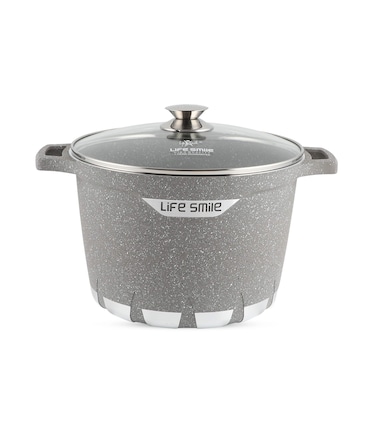 LIFE SMILE Stock Pot   Granite Deep Cooking Pot With Glass Lid   100% PFOA Free, Fixed Handle   Multi Layer Non-Stick Granite Coating   oven safe &amp; Scratch Resistant (Davy Grey, 24CM (6.8 Liters))