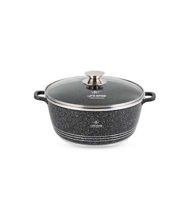 LIFE SMILE Cooking Pot   aluminum Soup Pot With Glass Lid   100% PFOA Free, Fixed Handle   Multi Layer Non-Stick Granite Coating   oven safe &amp; Dishwasher Safe (20CM (2.3 Liters), Black)