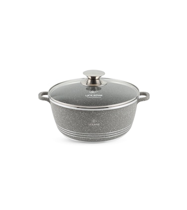 LIFE SMILE Cooking Pot   aluminum Soup Pot With Glass Lid   100% PFOA Free, Fixed Handle   Multi Layer Non-Stick Granite Coating   oven safe &amp; Dishwasher Safe (20CM (2.3 Liters), Gray)