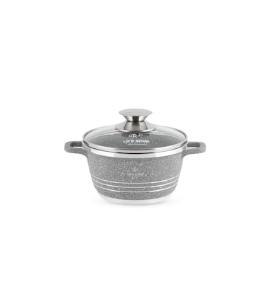 LIFE SMILE Cooking Pot   aluminum Soup Pot With Glass Lid   100% PFOA Free, Fixed Handle   Multi Layer Non-Stick Granite Coating   oven safe &amp; Dishwasher Safe (16CM (1.5 Liters), Gray)