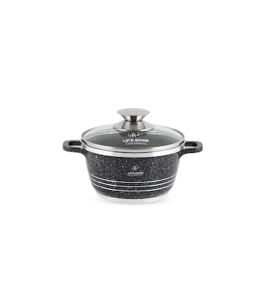 LIFE SMILE Cooking Pot   aluminum Soup Pot With Glass Lid   100% PFOA Free, Fixed Handle   Multi Layer Non-Stick Granite Coating   oven safe &amp; Dishwasher Safe (16CM (1.5 Liters), Black)