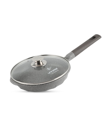 LIFE SMILE Frying Pan With Lid - Multi Layer Granite Coating Fry Pan   Non Stick, 100% PFOA FREE   Heat-Resistant Handle Hanging Loop   Induction bottom (28 CM (2.5 Liters), Davy Grey)