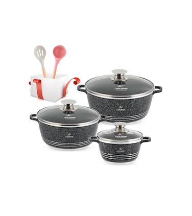 LIFE SMILE Pots Set 8 pieces - Kitchen Cookware set , Granite Non Stick Coating, Die Cast aluminum 100% PFOA FREE include Casseroles &amp; Silicone Utensils (Black (16/20/24CM))