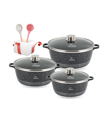 LIFE SMILE Pots Set 8 pieces - Kitchen Cookware set, Granite Non Stick Coating, Die Cast aluminum 100% PFOA FREE include Casseroles &amp; Silicone Utensils (Black (24/28/32CM))