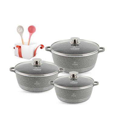 LIFE SMILE Pots Set 8 pieces - Kitchen Cookware set, Granite Non Stick Coating, Die Cast aluminum 100% PFOA FREE include Casseroles &amp; Silicone Utensils (Gray (24/28/32CM))