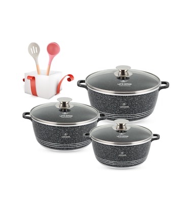 LIFE SMILE Pots Set 8 pieces - Kitchen Cookware set, Granite Non Stick Coating, Die Cast aluminum 100% PFOA FREE include Casseroles &amp; Silicone Utensils (Black (20/24/28CM))