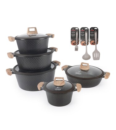 LIFE SMILE Cookware Set - 13 Pieces Pots and pan set Induction Base, Granite Non Stick Coating 100% PFOA FREE, Die Cast aluminum Body include Casseroles &amp; Shallow Pot &amp; Kitchen Utensils (Brown)