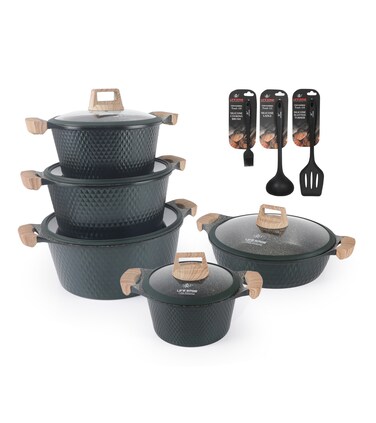 LIFE SMILE Cookware Set - 13 Pieces Pots and pan set Induction Base, Granite Non Stick Coating 100% PFOA FREE, Die Cast aluminum Body include Casseroles &amp; Shallow Pot &amp; Kitchen Utensils (Green)