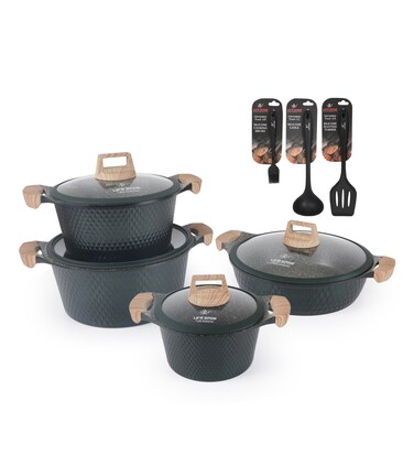LIFE SMILE Cookware Set - 11 Pieces Pots and pan set Induction Base, Granite Non Stick Coating 100% PFOA FREE, Die Cast aluminum Body include Casseroles &amp; Shallow Pot &amp; Kitchen Utensils (Green)