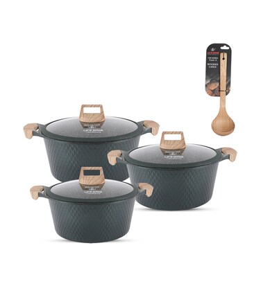 LIFE SMILE Cooking Pots Set - Granite Stone cookware set Multi Layer Granite Non Stick Coating - Bakelite Handles 100% PFOA FREE, Induction Base Cooking Sets (Green, 20/24/28CM)