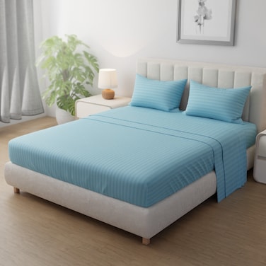Klub Linen 3PC Striped Fitted Sheet Set, Ultra Soft Microfiber Bedding Set - 1 Fitted Sheet King (180x200cm) with Deep Pocket and 2 Pillowcases (50 x 75 cm), Aqua