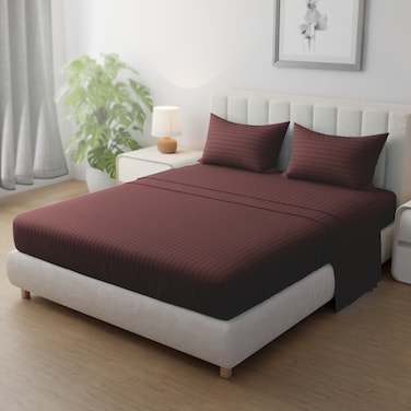 Klub Linen 3PC Striped Fitted Sheet Set, Ultra Soft Microfiber Bedding Set - 1 Fitted Sheet Queen (150x200cm) with Deep Pocket and 2 Pillowcases (50 x 75 cm), Chocolate