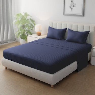 Klub Linen 3PC Striped Fitted Sheet Set, Ultra Soft Microfiber Bedding Set - 1 Fitted Sheet Single (90x190cm) with Deep Pocket and 2 Pillowcases (50 x 75 cm), Navy