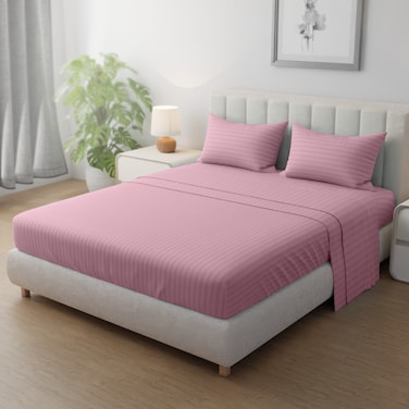 Klub Linen 3PC Striped Fitted Sheet Set, Ultra Soft Microfiber Bedding Set - 1 Fitted Sheet King (180x200cm) with Deep Pocket and 2 Pillowcases (50 x 75 cm), Baby Pink