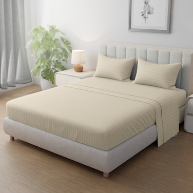 Klub Linen 3PC Striped Fitted Sheet Set, Ultra Soft Microfiber Bedding Set - 1 Fitted Sheet Queen (150x200cm) with Deep Pocket and 2 Pillowcases (50 x 75 cm), Beige