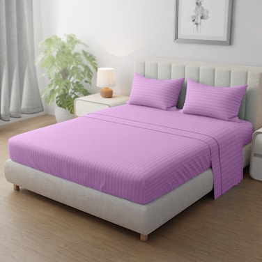 Klub Linen 3PC Striped Fitted Sheet Set, Ultra Soft Microfiber Bedding Set - 1 Fitted Sheet King (180x200cm) with Deep Pocket and 2 Pillowcases (50 x 75 cm), LILAC