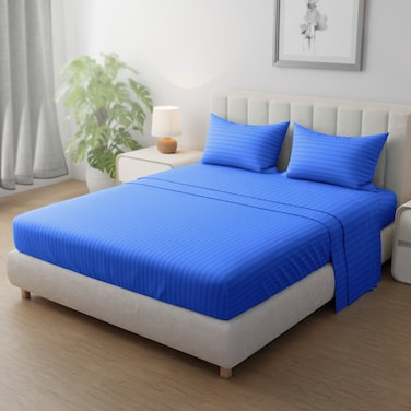 Klub Linen 3PC Striped Fitted Sheet Set, Ultra Soft Microfiber Bedding Set - 1 Fitted Sheet King (180x200cm) with Deep Pocket and 2 Pillowcases (50 x 75 cm), Royal Blue